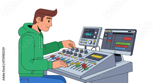 Audio Engineer Working On Soundtrack With Digital Audio Workstation And Mixer Controller