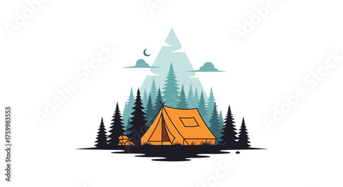 Camping Escape: Illustrated Nighttime Scene with Tent, Trees, Mountain And Moon