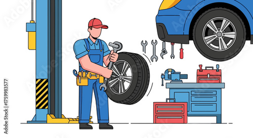 Automotive Technician Replacing A Tire On A Car In A Vector Illustration Style