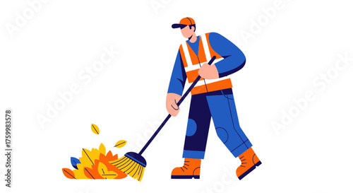 Autumnal Season: A Street Cleaner Sweeps Leaves with a Vibrant Brush on Black