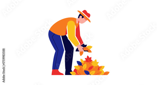Autumnal Gardener Gathering Colorful Leaves for Seasonal Yard Maintenance