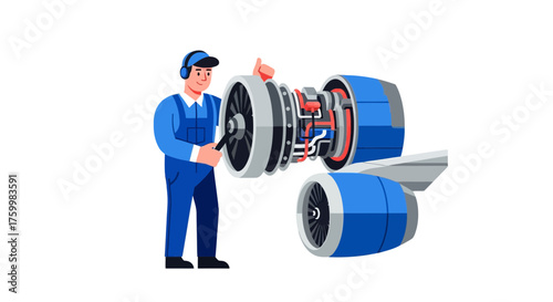 Aviation Mechanic Repairing Aircraft Engine With Cartoon Appearance on Black Background