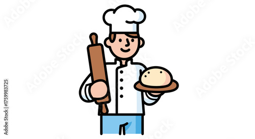 Cartoon Baker Holding Dough And Rolling Pin Ready To Begin The Baking Process