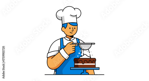 Cartoon Chef Crafting a Delicious Cake, Adding Powdered Sugar, Culinary Illustration