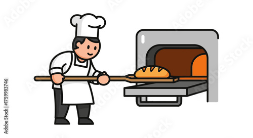 Bakery Illustration: Baker With Bread, Baking in Oven, Cartoonish, Black Background