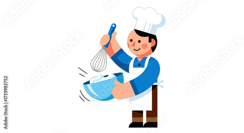 Cartoon Chef Mixing Ingredients in a Bowl, Whisking Cream or Batter for Baking