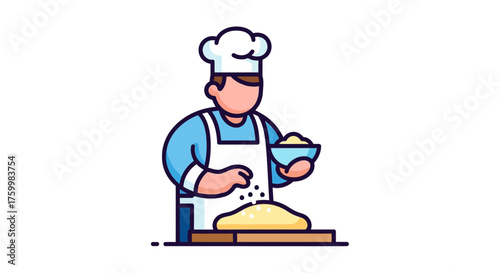Cartoon Chef Preparing Dough Baking in Kitchen Concept Flat Design Illustration