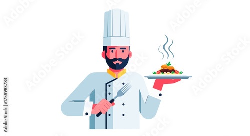 Cartoon Chef Presenting Gourmet Dish on Plate, Ready for Culinary Experience