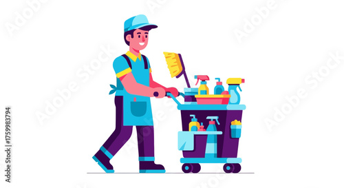 Cartoon Cleaner Pushing Cart Providing Services with Sanitation Supplies