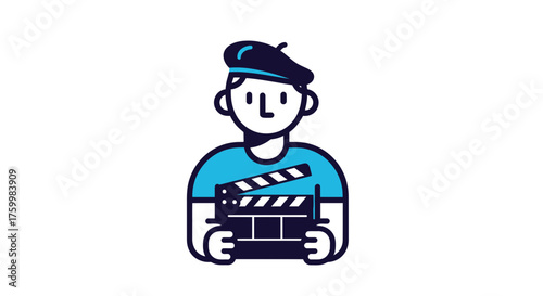 Cartoon Filmmaker Holding Clapperboard In Front Of A Black Background