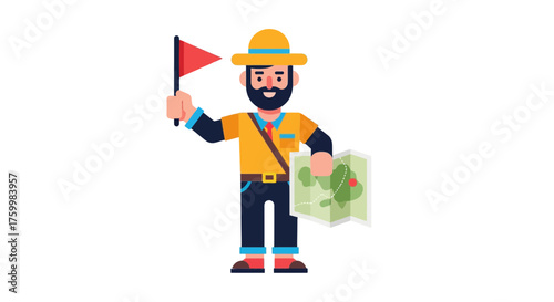 Cartoon Guide With Map And Flag Directing A Fun Adventure Journey Illustration