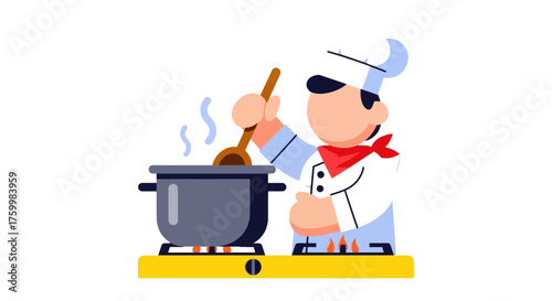 Cartoon Illustration Of A Chef Cooking, Stirring A Pot, On A Black Background
