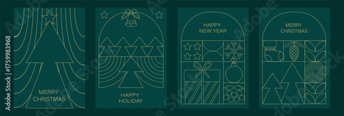 Geometric Line Art Christmas and New Year Holiday Cards Set