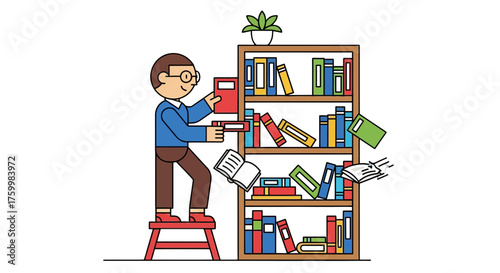 Cartoon Illustration Of A Person Retrieving Books From A Bookshelf With Plant