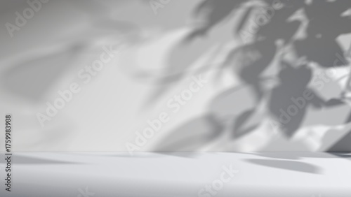 Light grey background image for product presentation, white wall with light casting shadow of leaves on it. Image to represent sense of nature touch, or natural ingredients.