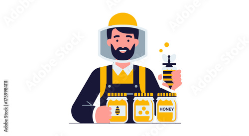 Beekeeper Shows Jars Of Honey With Beehive, Golden Product, Natural Sweetener