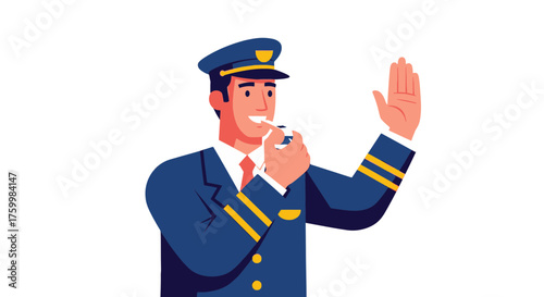 Cartoon Pilot Signaling Stop While Blowing Whistle, Isolated on Black Background
