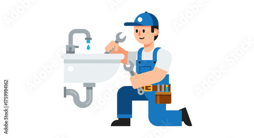 Cartoon Plumber Fixing Bathroom Sink in Illustrative Style Against Black Backdrop