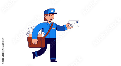 Cartoon Postman Delivering Letters In Uniform On Black Background