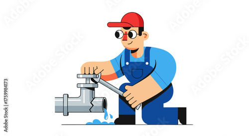 Cartoon Plumber Repairing a Broken Pipe Isolated Against a Black Background.
