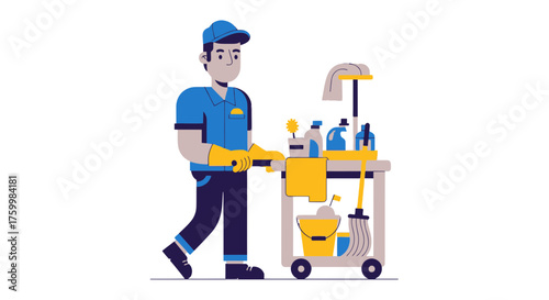 Cartoon Representation Of A Janitor Cleaning With Equipment Supplies For Hygiene Work.