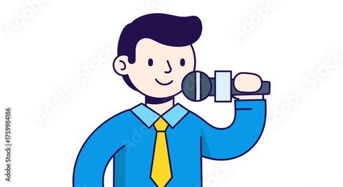 Cartoon Reporter Holding Microphone Ready For Live Broadcast, Vector Illustration Style