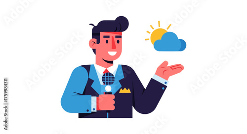 Cartoon Weather Forecaster Presenting Cloud And Sunshine Against Black Background