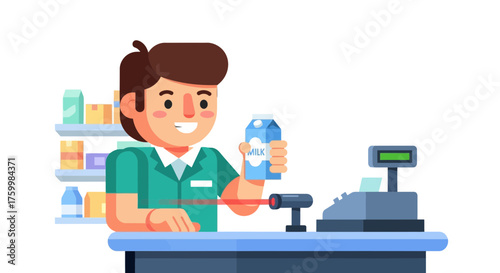 Cashier Scanning Milk Carton At Supermarket Checkout And Smiling Widely For Promotion