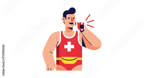 Cartoonish Lifeguard Whistling: Symbol of Safety and Vigilance, A Digital Vector Illustration