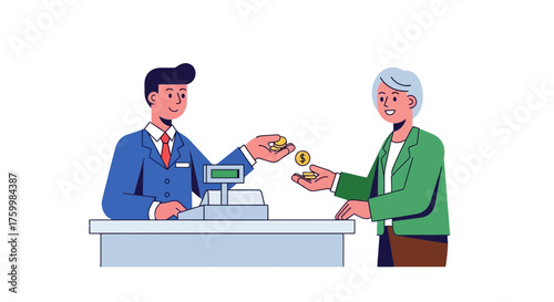 Cashier Servicing Customers: A Transactional Exchange with Currency Illustration