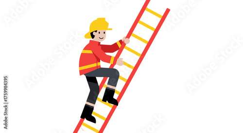 Brave Firefighter Ascending A Ladder, Prepared For Emergency Rescue In Black Background
