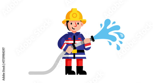 Brave Firefighter Character Cartoon Spraying Water Extinguishing Flames in Emergency Scenarios