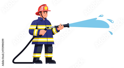 Brave Firefighter Fighting Fire, Using Water Hose To Extinguish Flames On Duty