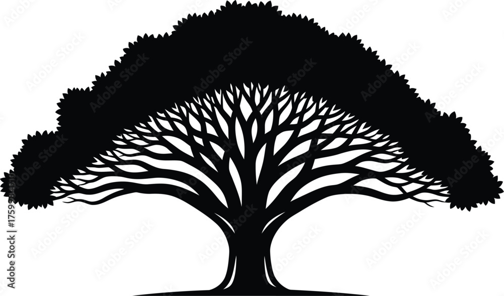 Naklejka premium Stylized silhouette of a majestic spreading tree with intricate branches and full crown flat design vector illustration white background