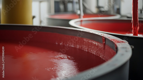 Three large vats containing a red liquid, possibly in an industrial food processing or chemical manufacturing setting. The liquid has a reflective surface, and one vat is being filled.
