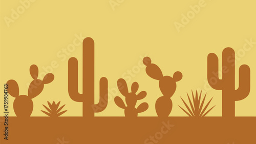 Elegant desert landscape illustration featuring iconic cacti silhouettes against a warm golden backdrop, ideal for southwestern designs and rustic themes