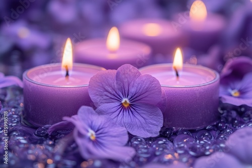 Violet candles on background of flowers. Candle with violet aroma.
