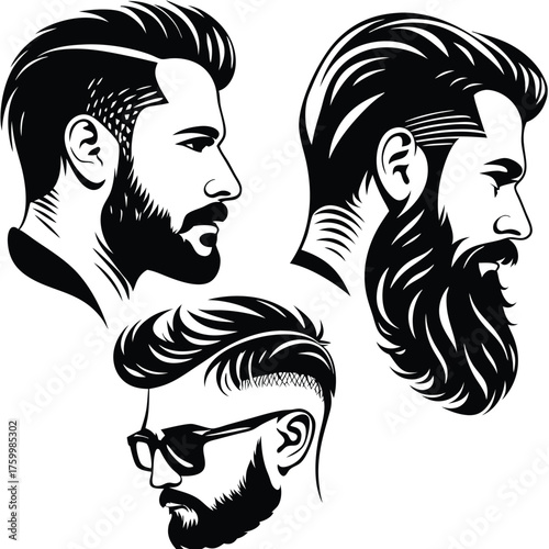 Three uniquely styled bearded man heads appear in sleek black silhouette artwork
