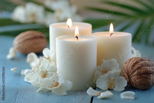 Scented candles on background of nuts. Decorative candle with the aroma of milk and almonds.