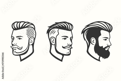 Three black lined male profile heads display different haircuts and facial hairstyles