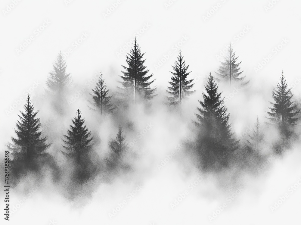 Fototapeta premium The watercolor painting depicts a landscape of a mountain shrouded in fog with a branch, reminiscent of Asian art styles