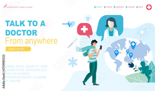 Medical service, global diagnostics. A male consultant is working on a mobile application for medical services. Web page design for online services, healthcare. People, workers. Vector illustration