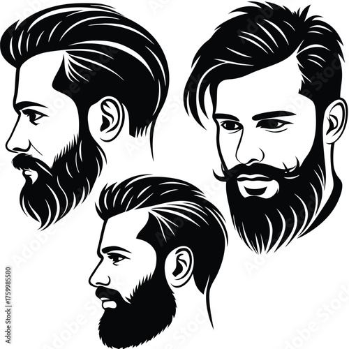 Three stylish bearded men sport slickedback hair in format, presented in striking black and white
