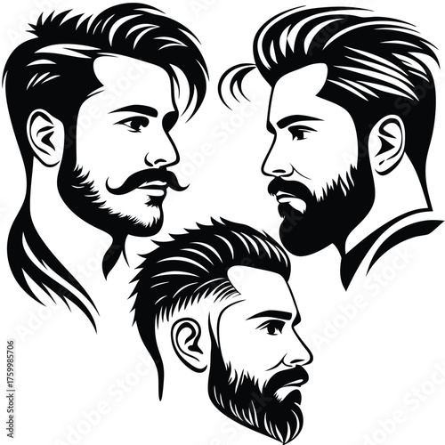 Trio of handsome black silhouettes features men's faces with various beard and mustache styles