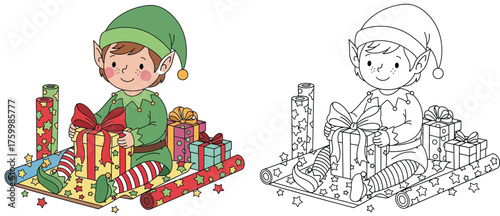 Cute Christmas Elf Wrapping Presents - Holiday Season Celebration, Gift Preparation and Festive Decoration Vector Illustration.