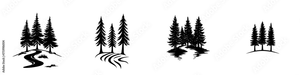 Fototapeta premium Different styles of silhouette trees and paths set against a plain background