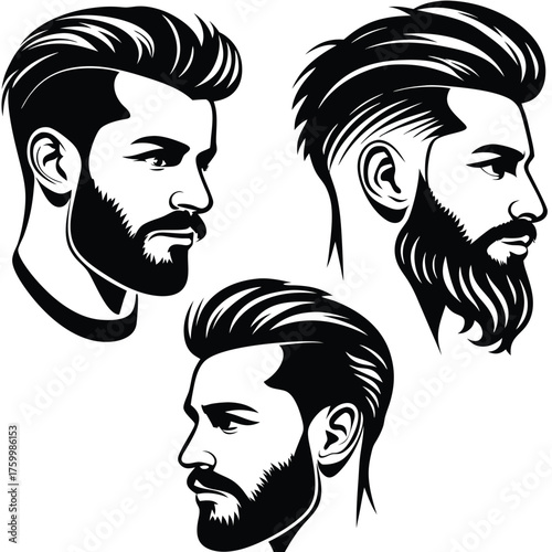 Three bearded men profiles present modern haircuts in black and white monochrome portrait
