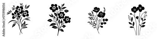 Floral designs featuring black silhouettes of various flower arrangements for creative projects