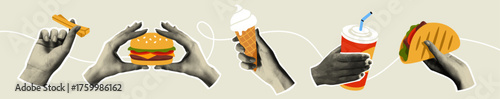 Set of hands holding fast food. Trendy halftone collage with realistic grainy texture hands holding burger, ice cream, soda, taco and fries. Vector illustration collection