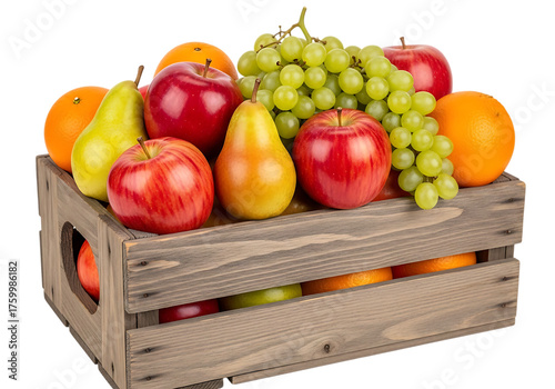 A wooden crate overflowing with fresh, ripe apples, pears, oranges, and grapes isolated on transparent background